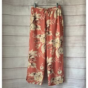 Hilo Hattie Hawaii Silk Coral and Cream Floral Pants Cropped Wide Leg Size XS